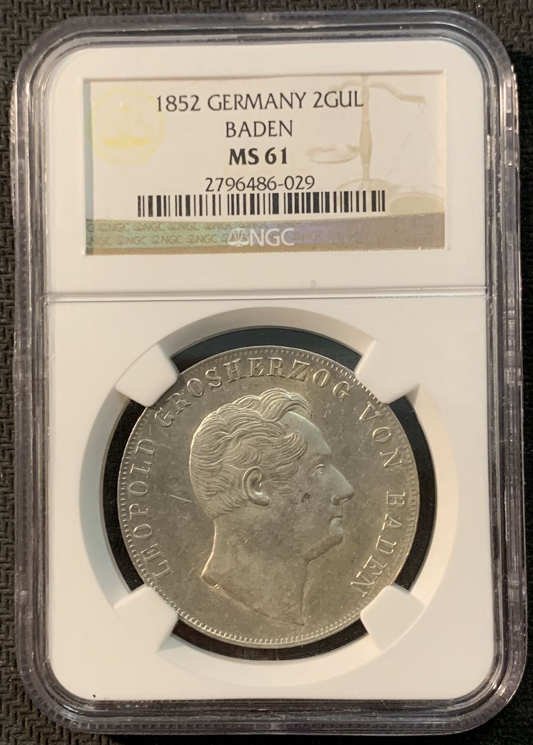 紫瑗钱币—微拍第20期 德国专场 德国 巴登 1852年 2古尔登（盾） NGC MS61