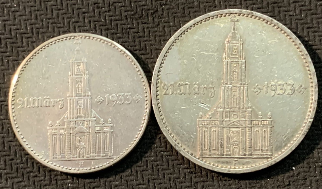 紫瑗钱币—微拍第20期 德国专场 德国 1934年 执政1周年  2 5马克 教堂 加字银币 一对