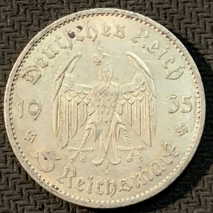 紫瑗钱币—微拍第20期 德国专场 德国 1935年 A版 教堂 5马克 13.9克 0.9银
