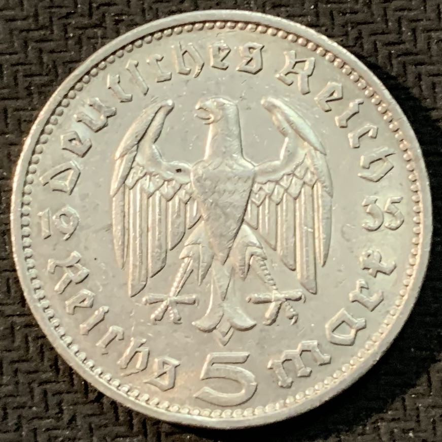 紫瑗钱币—微拍第20期 德国专场 德国 1935年 J版 兴登堡 5马克 13.9克 0.9银 