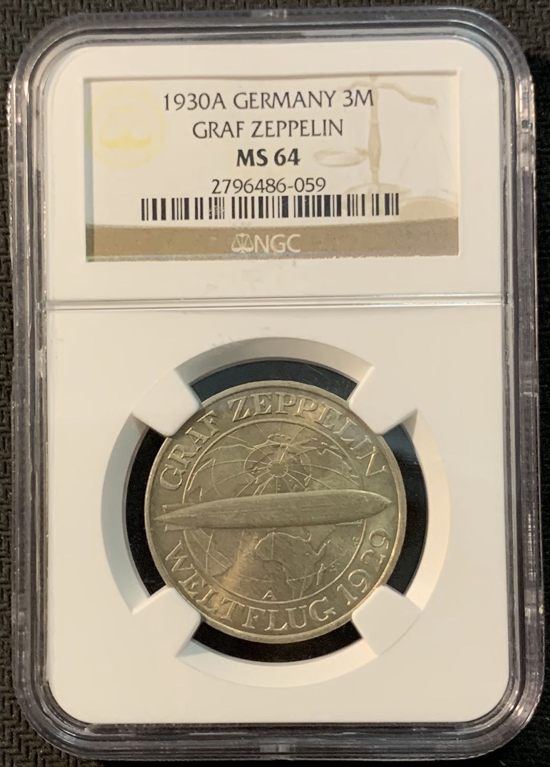 紫瑗钱币—微拍第20期 德国专场 德国 魏玛 1930年 齐柏林飞艇 3马克 NGC MS64