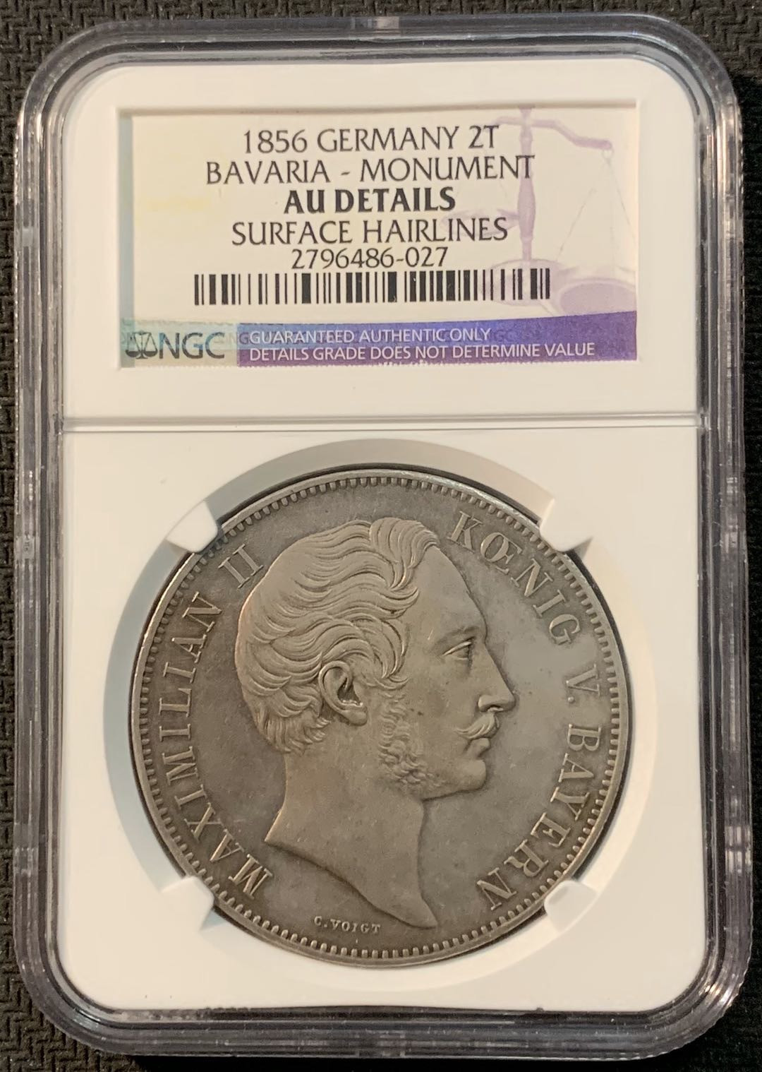 紫瑗钱币—微拍第20期 德国专场 德国 巴伐利亚 1856年 纪念碑 2泰勒 NGC AU Detail