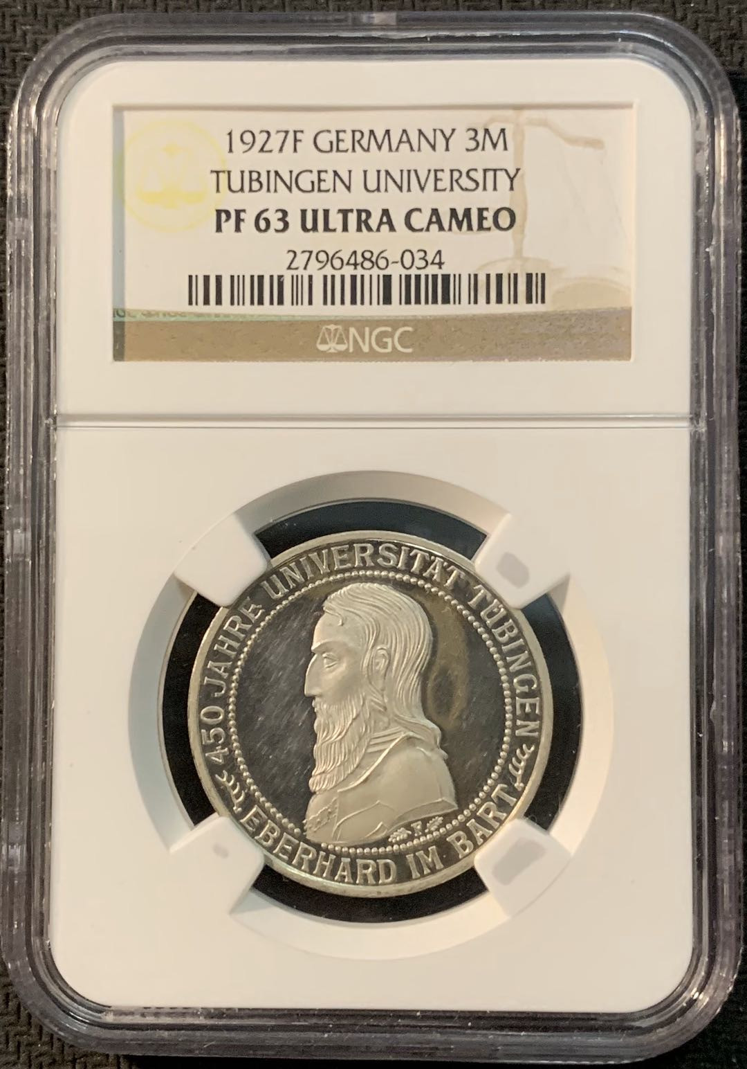 紫瑗钱币—微拍第20期 德国专场 德国 魏玛 1927年 图宾根大学 3马克 NGC PR63UC