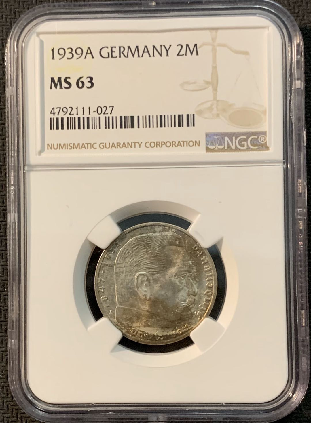 紫瑗钱币—微拍第20期 德国专场 德国 兴登堡 1939年 A版 2马克 NGC MS63