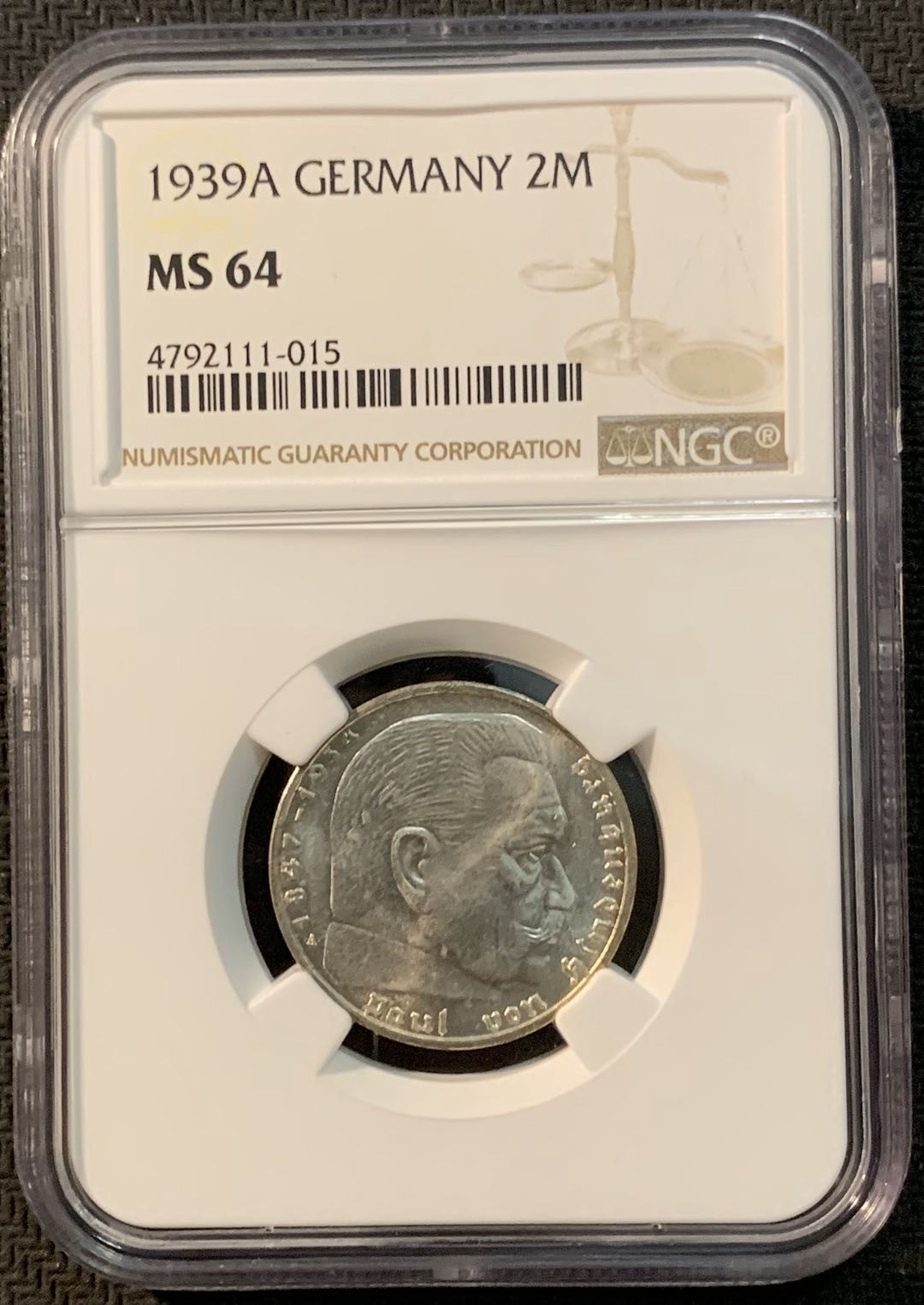 紫瑗钱币—微拍第20期 德国专场 德国 兴登堡 1939年 A版 2马克 NGC MS64
