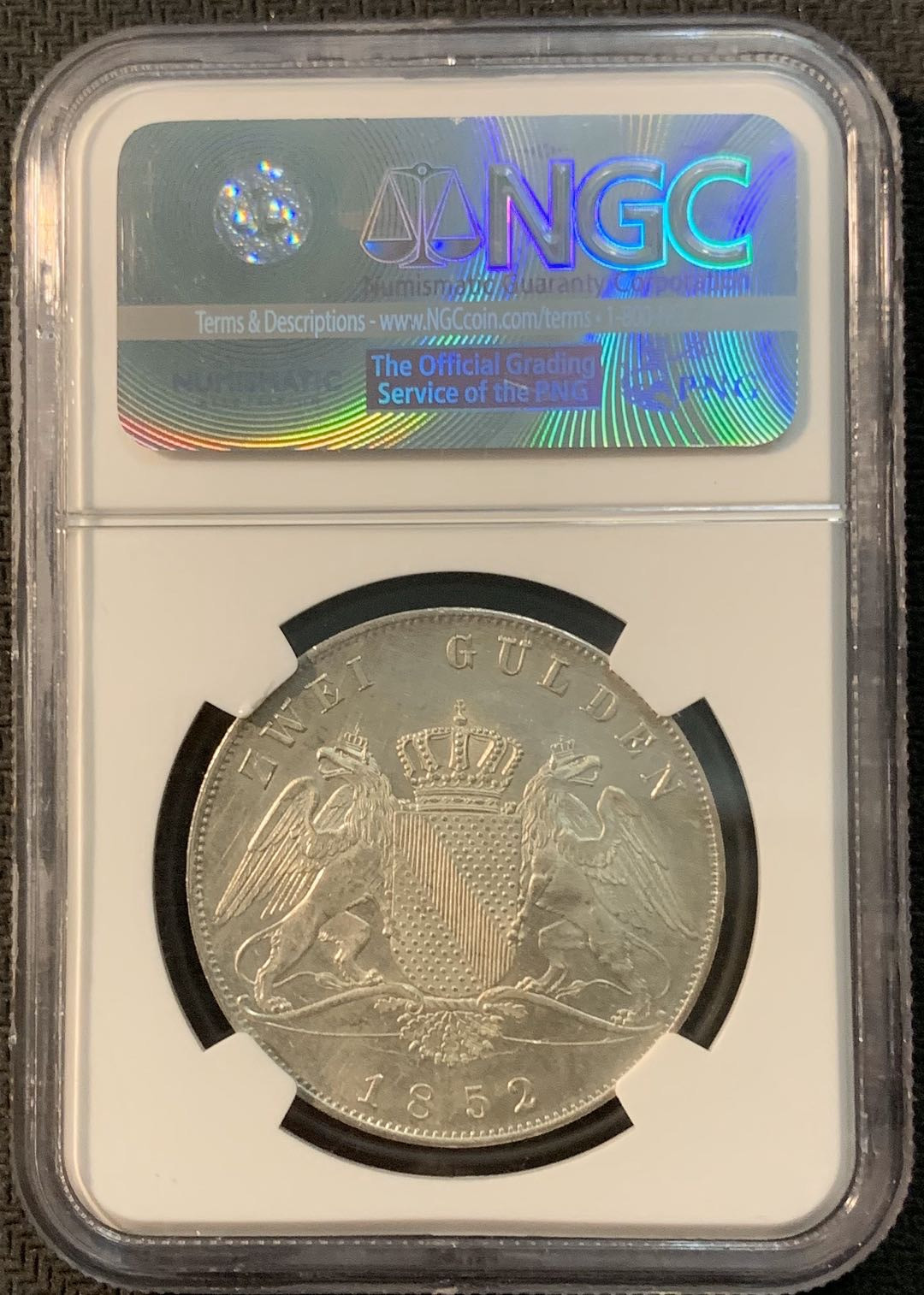 紫瑗钱币—微拍第20期 德国专场 德国 巴登 1852年 2古尔登（盾） NGC MS61