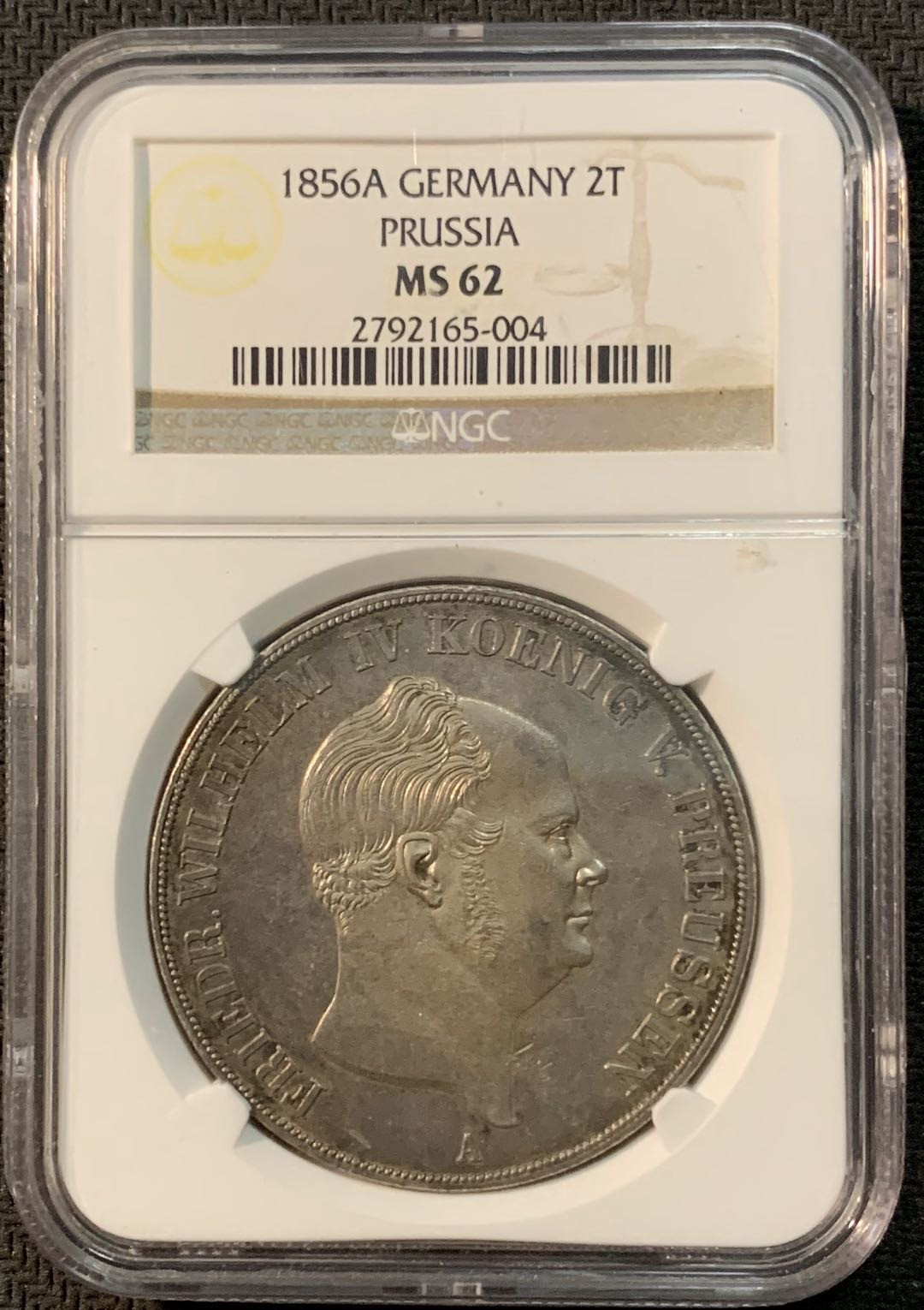 紫瑗钱币—微拍第20期 德国专场 德国 普鲁士 1856年 A版 威廉四世 洋葱头 2泰勒 NGC MS62