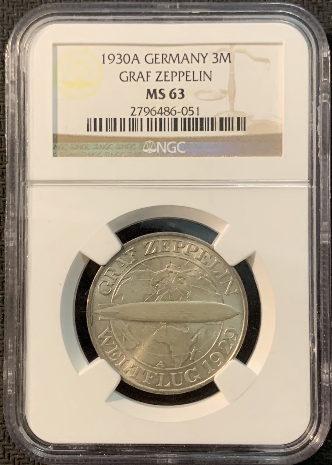 紫瑗钱币—微拍第20期 德国专场 德国 魏玛 1930年 齐柏林飞艇 3马克 NGC MS63