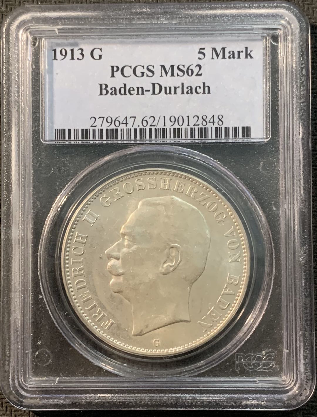 紫瑗钱币—微拍第20期 德国专场 德国 巴登 1913年 弗里德里希 5马克 PCGS MS62