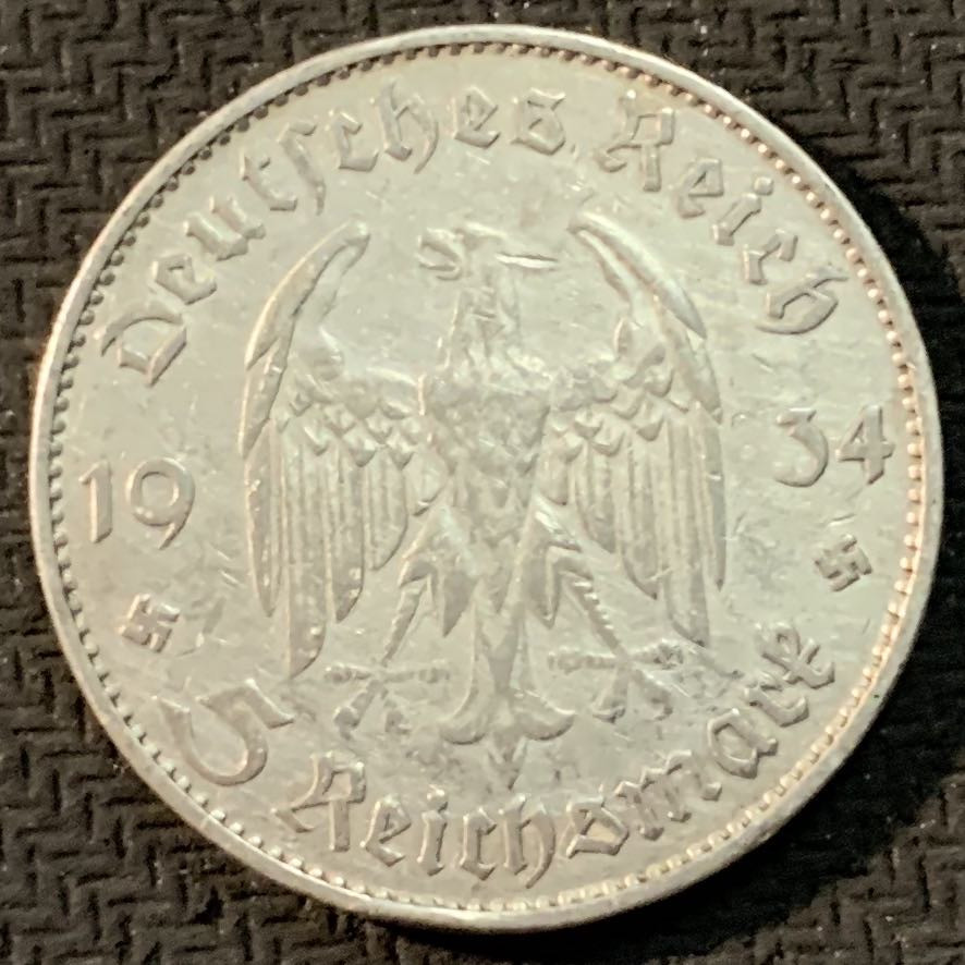 紫瑗钱币—微拍第20期 德国专场 德国 1934年 G版 教堂 5马克 13.9克 0.9银