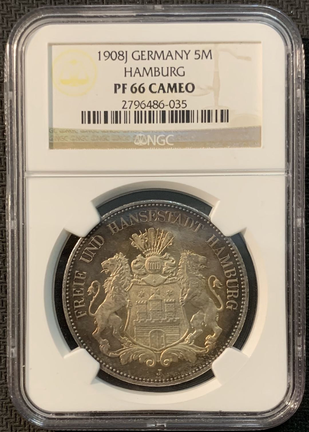 紫瑗钱币—微拍第20期 德国专场 德国 汉堡 1908年 5马克 NGC PR66 CAMEO