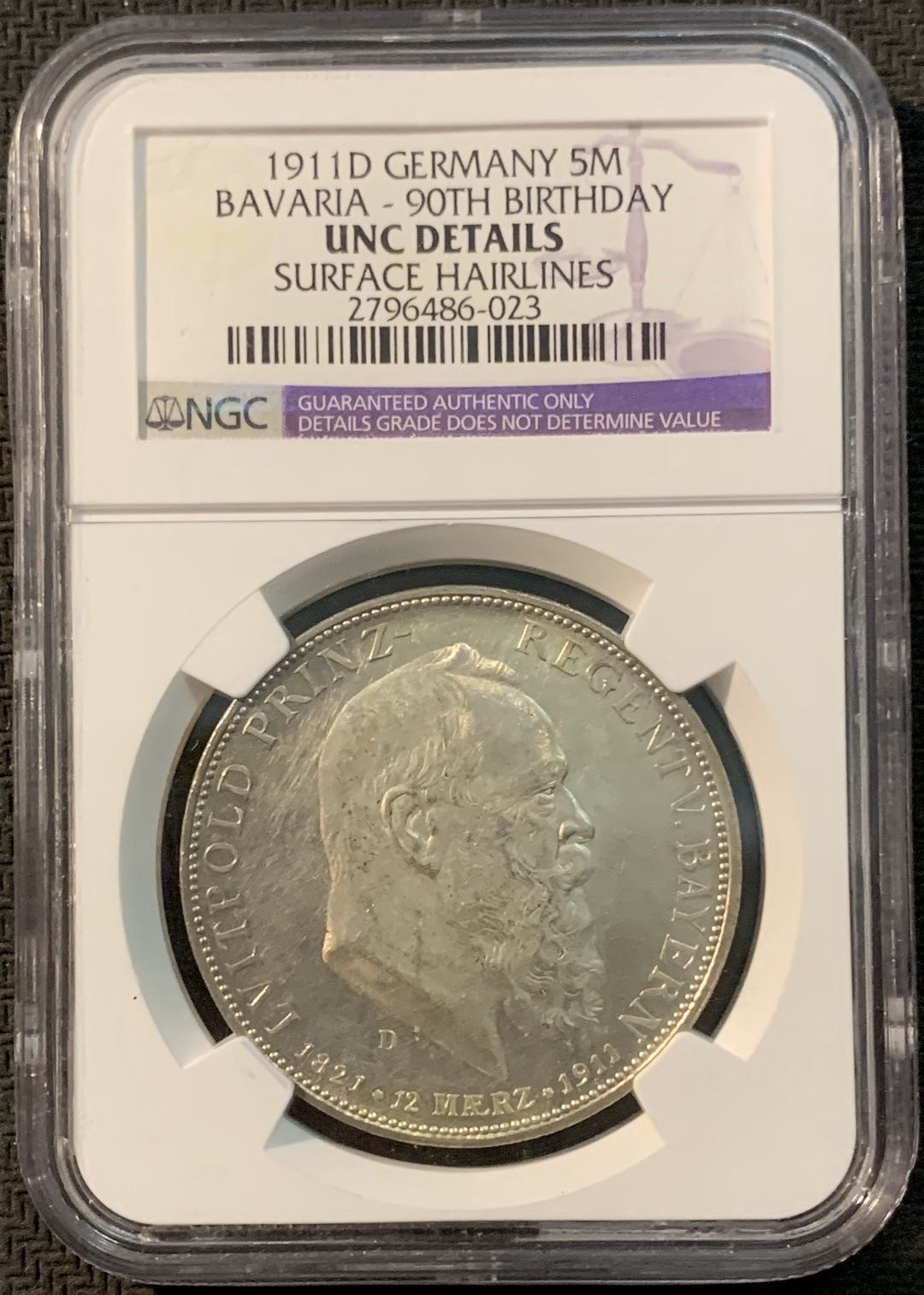 紫瑗钱币—微拍第20期 德国专场 德国 巴伐利亚 1911年 诞辰90周年 5马克 NGC UNC Detail