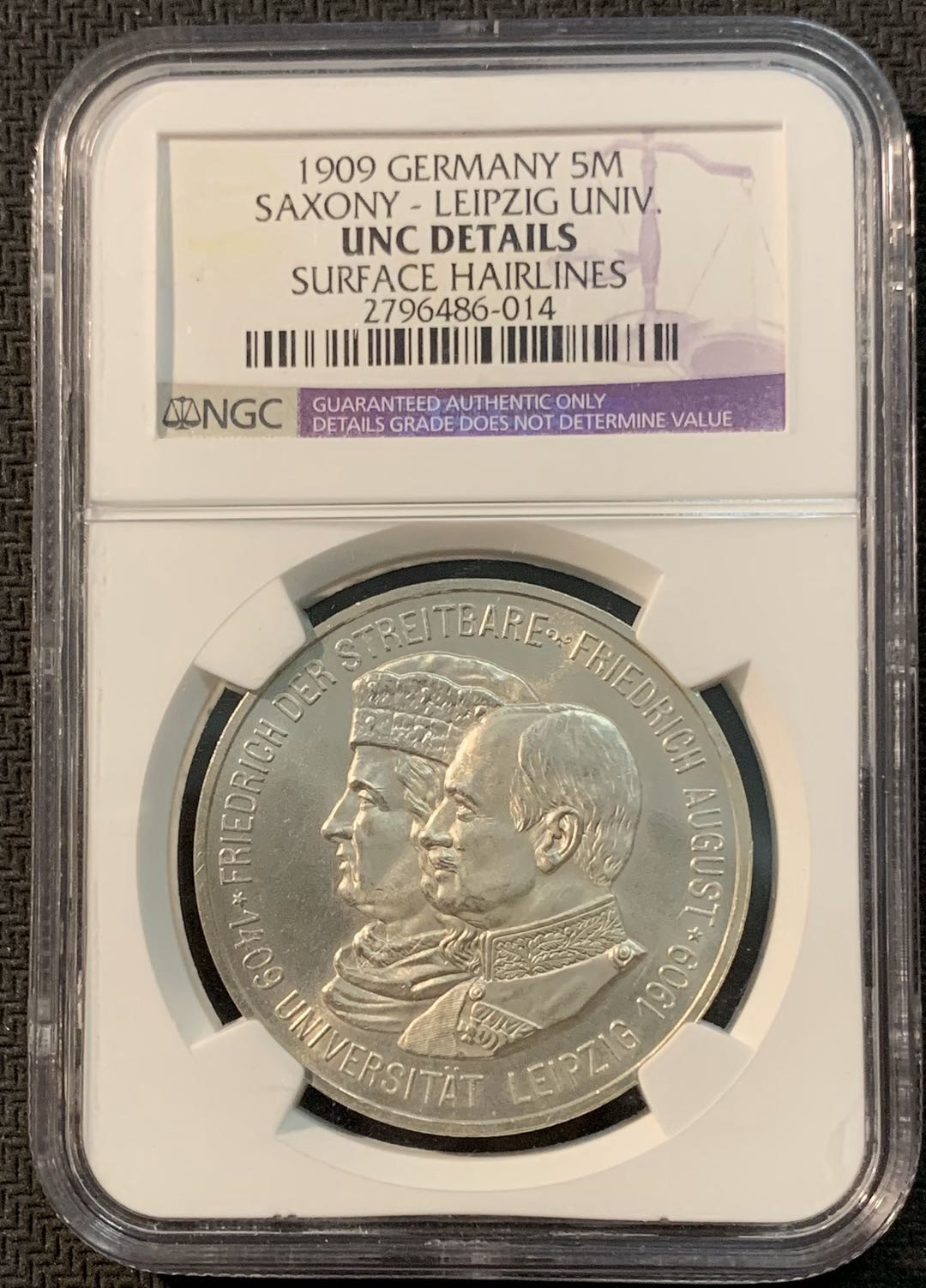 紫瑗钱币—微拍第20期 德国专场 德国 萨克森 1909年 莱比锡大学 5马克 NGC UNC Detail