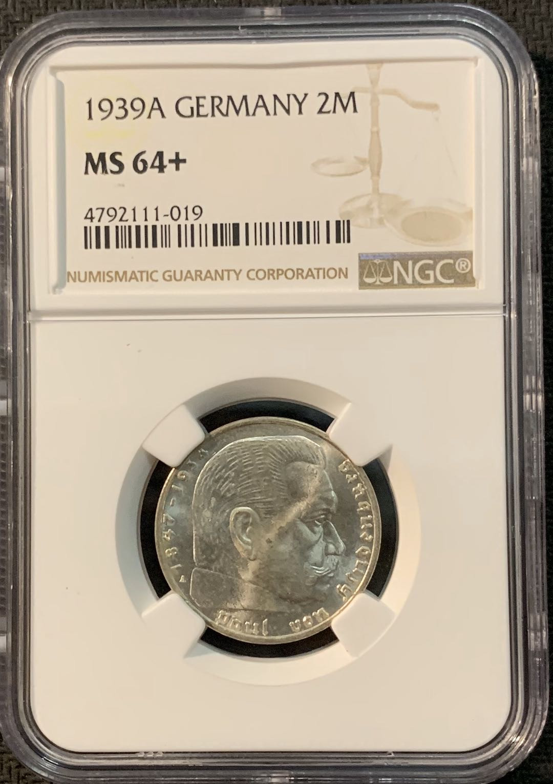 紫瑗钱币—微拍第20期 德国专场 德国 兴登堡 1939年 A版 2马克 NGC MS64+