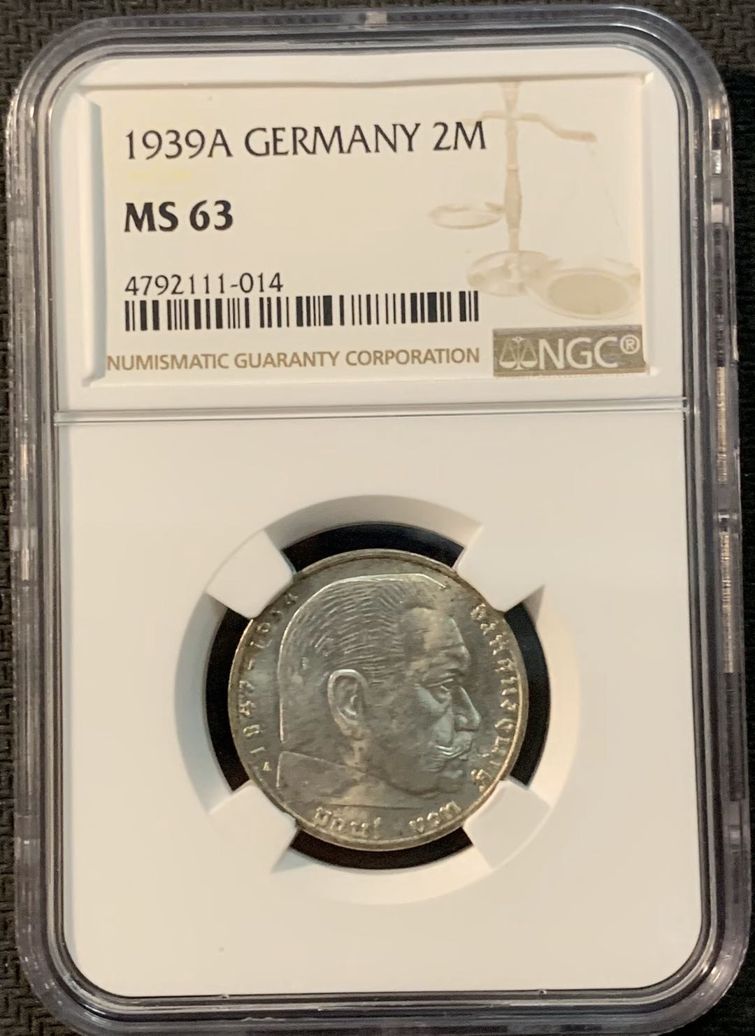 紫瑗钱币—微拍第20期 德国专场 德国 兴登堡 1939年 A版 2马克 NGC MS63