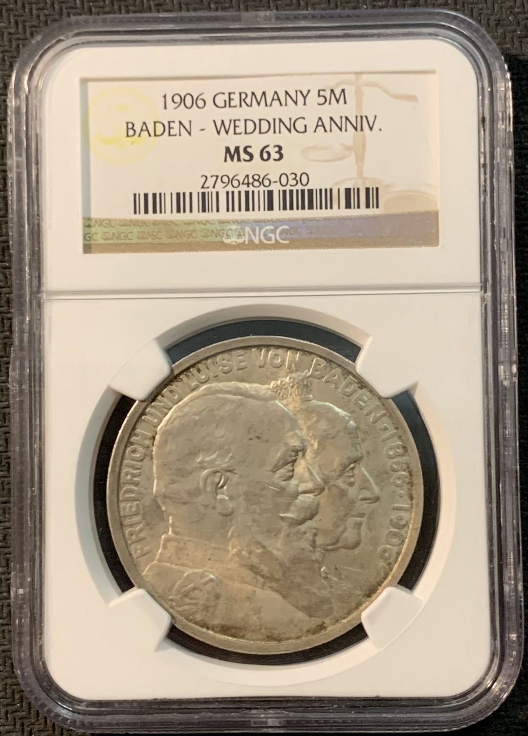 紫瑗钱币—微拍第20期 德国专场 德国 巴登 1906年 婚礼 5马克 NGC MS63