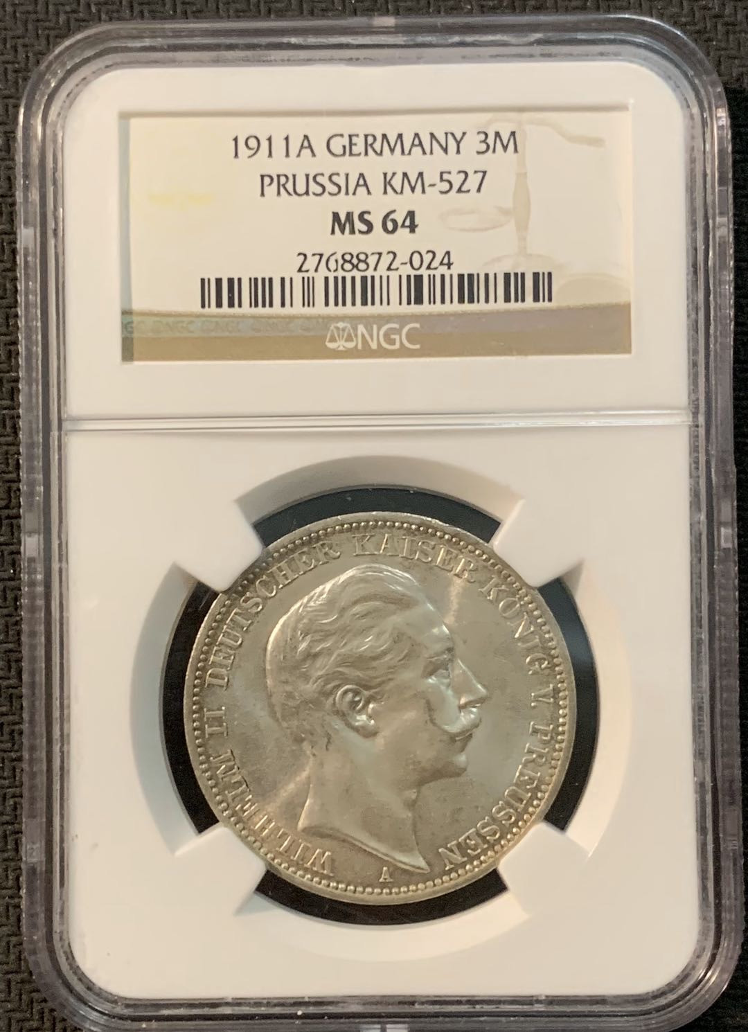 紫瑗钱币—微拍第20期 德国专场 德国 普鲁士 1911年 威廉二世 3马克 NGC MS64