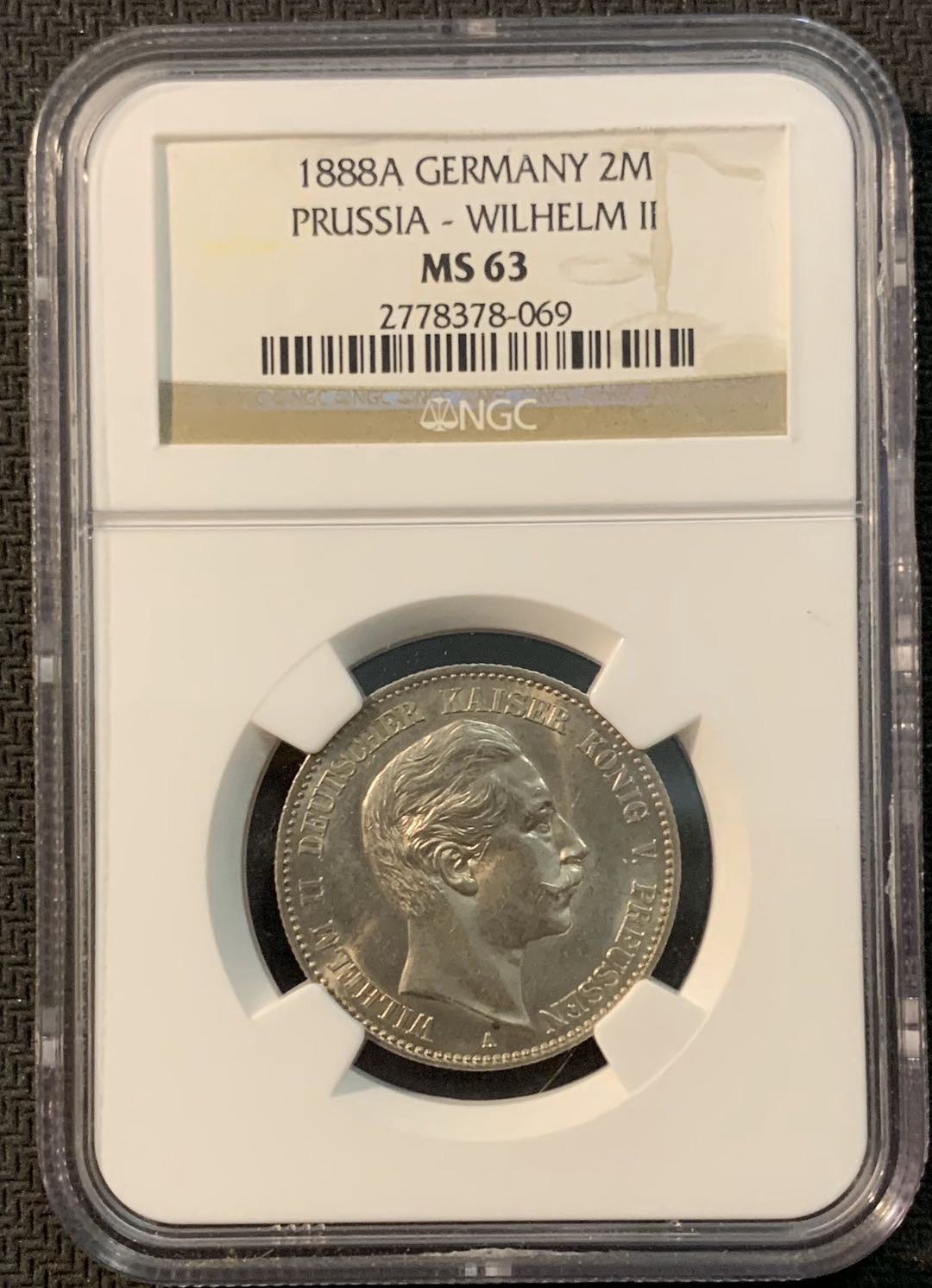 紫瑗钱币—微拍第20期 德国专场 德国 普鲁士 1888年 威廉二世 短翅 2马克 NGC MS63