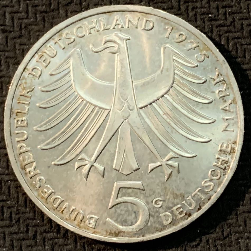 紫瑗钱币—微拍第20期 德国专场 德国 1975年 G厂 施韦泽100周年 5马克 11.2克 0.625银