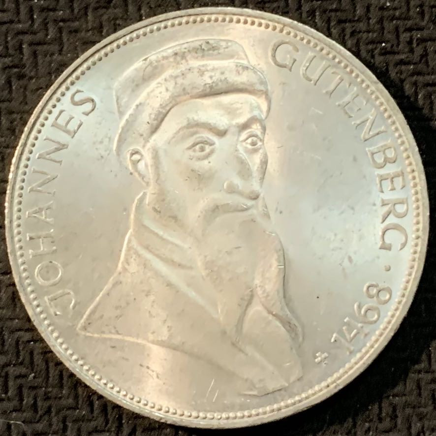 紫瑗钱币—微拍第20期 德国专场 德国 1968年 G厂 古登贝格500周年 5马克 11.2克 0.625银