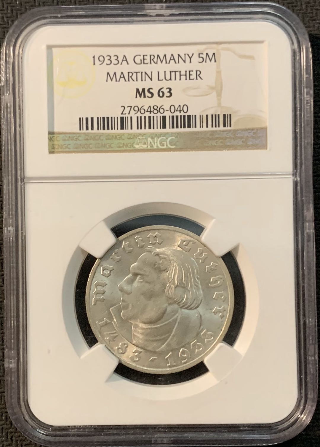 紫瑗钱币—微拍第20期 德国专场 德国 魏玛 1933年 马丁 路德 5马克 NGC MS63