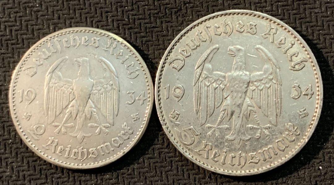 紫瑗钱币—微拍第20期 德国专场 德国 1934年 执政1周年  2 5马克 教堂 加字银币 一对