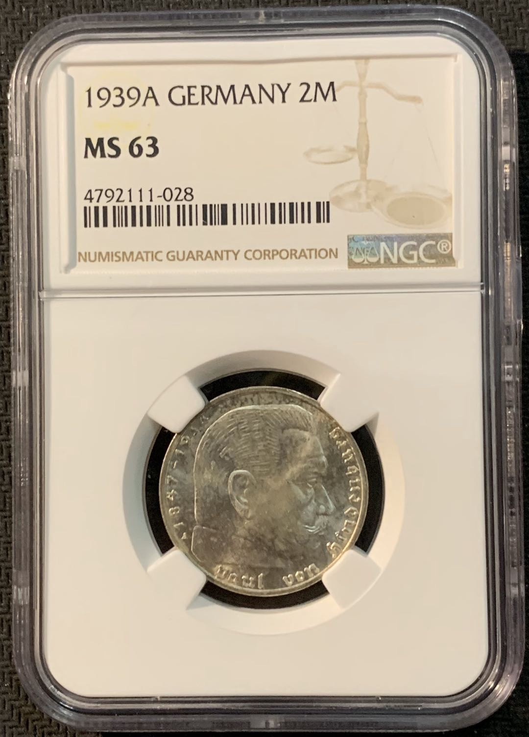紫瑗钱币—微拍第20期 德国专场 德国 兴登堡 1939年 A版 2马克 NGC MS63