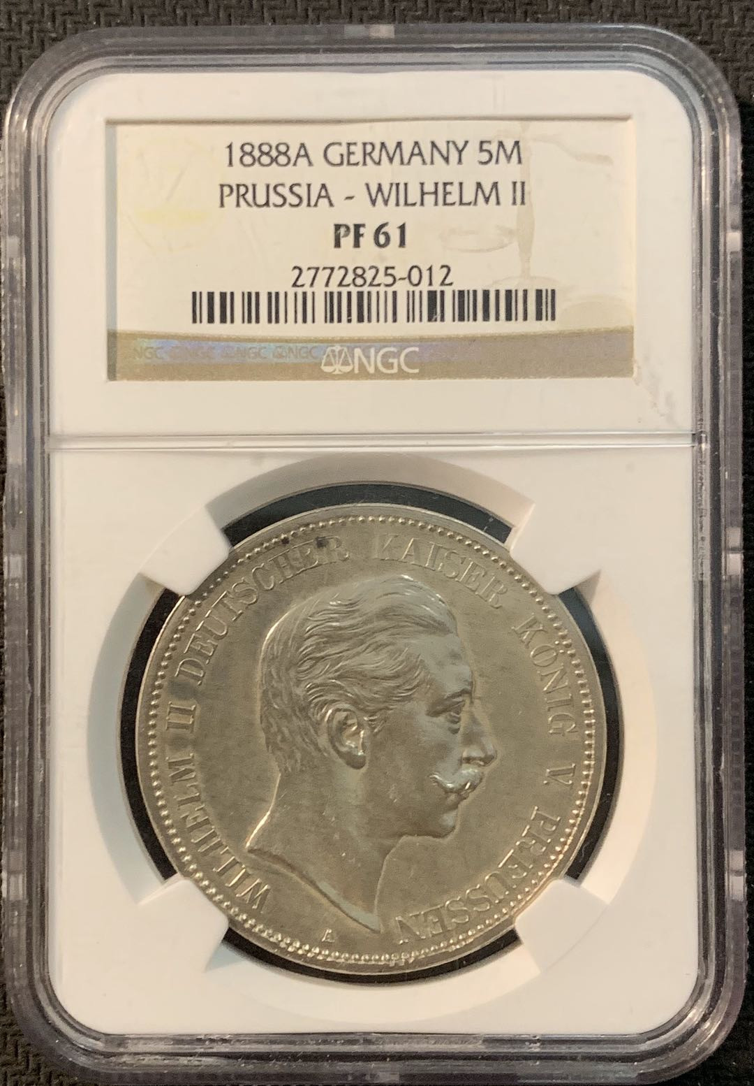 紫瑗钱币—微拍第20期 德国专场 德国 普鲁士 1888年 威廉二世 短翅 5马克 NGC PR61