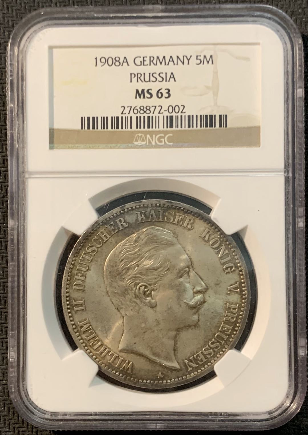 紫瑗钱币—微拍第20期 德国专场 德国 普鲁士 1908年 威廉二世 5马克 NGC MS63