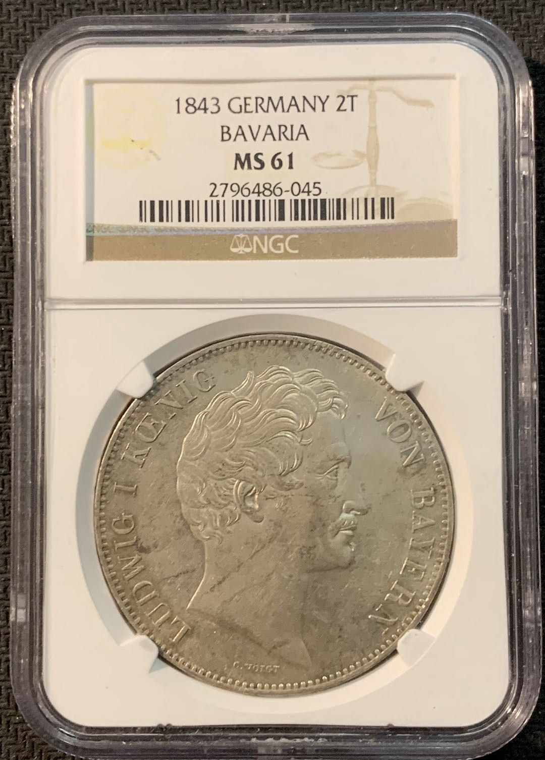 紫瑗钱币—微拍第20期 德国专场 德国 巴伐利亚 1843年 盾徽 2泰勒 NGC MS61