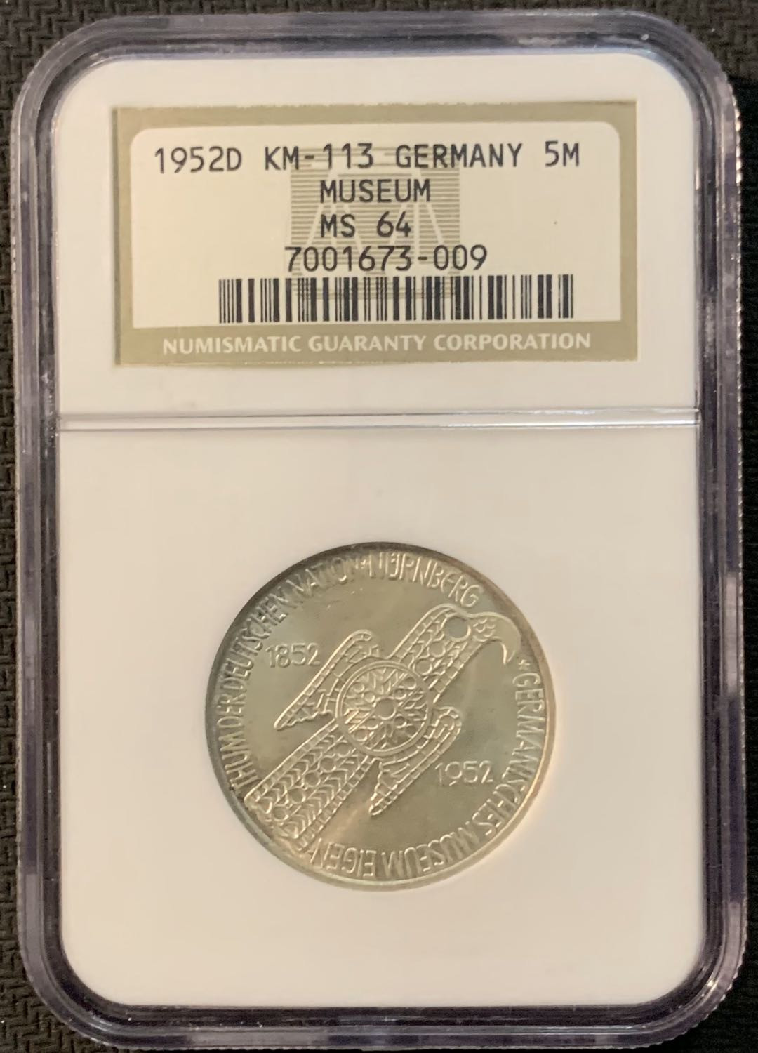 紫瑗钱币—微拍第20期 德国专场 德国 1952年 纽伦堡博物馆 5马克 NGC MS64 总筋