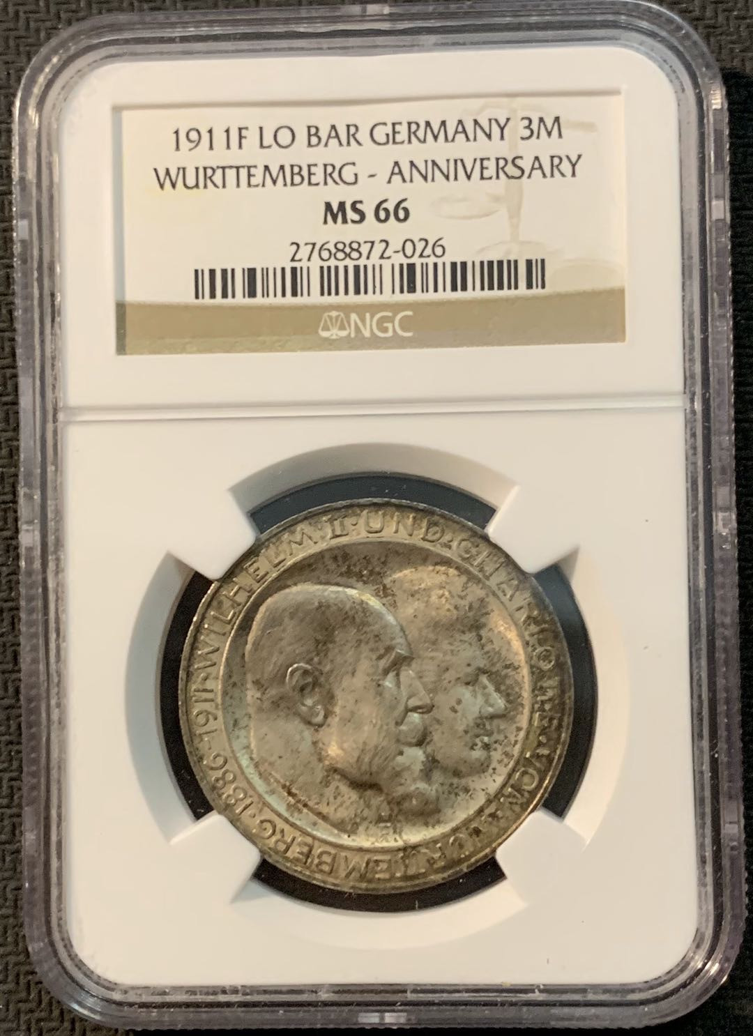 紫瑗钱币—微拍第20期 德国专场 德国 符腾堡 1911年 银婚 3马克 NGC MS66