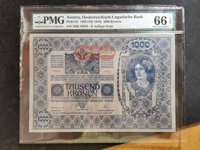【鲸贝乐淘】千字文·第“周发殷汤”号拍卖 - 【奥地利🇦🇹 】1902年1000元，PMG66E ，一百多年的好品相