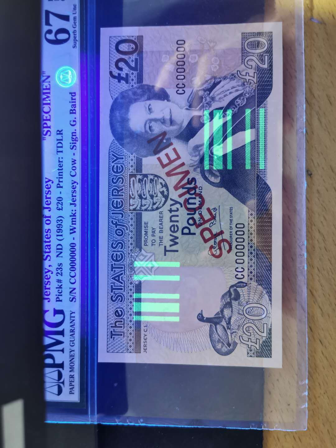 【鲸贝乐淘】千字文·第“爱育黎首”号拍卖 【泽西】1993年20元，票样样币，PMG67E 