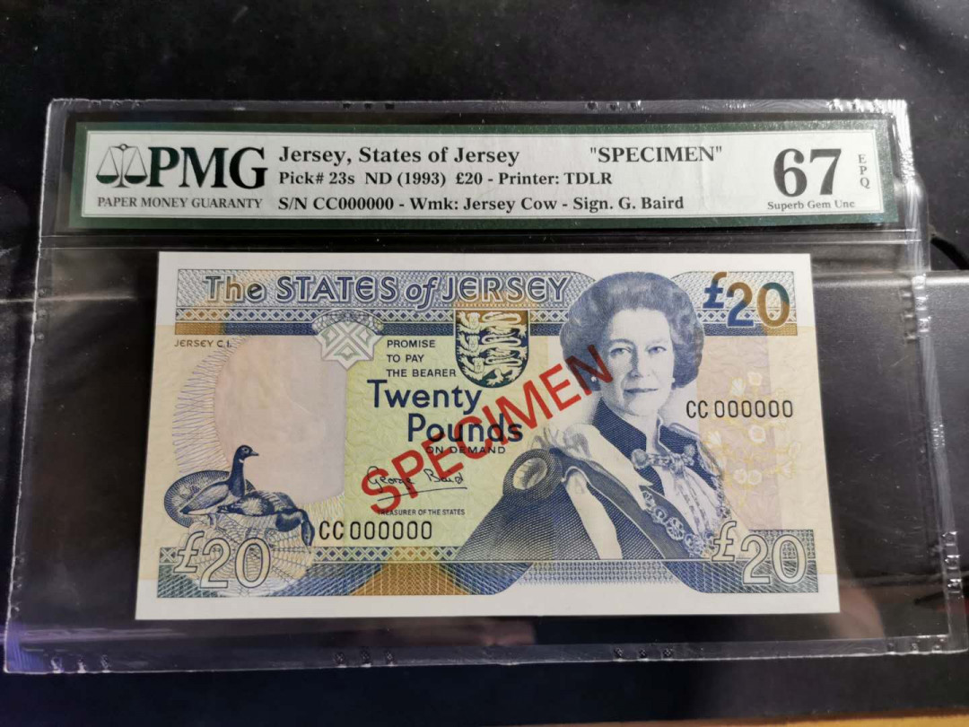 【鲸贝乐淘】千字文·第“爱育黎首”号拍卖 【泽西】1993年20元，票样样币，PMG67E 