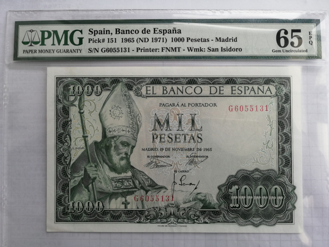 【收藏联盟】第118期拍卖——英伦三岛 西班牙 1965年 P151 1000比塞塔 PMG65EPQ 双雕大方块