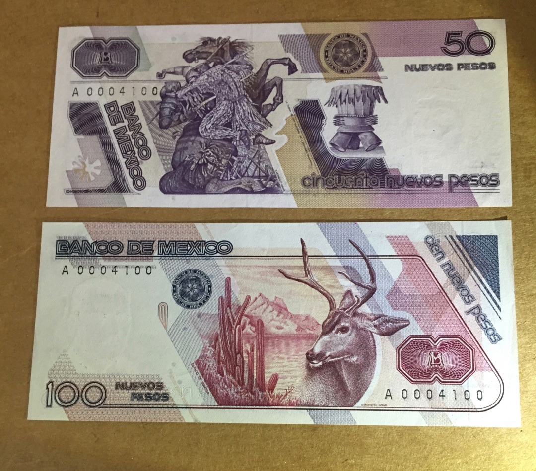 【收藏联盟】第118期拍卖——英伦三岛 【一组4张&首发全同号004100】墨西哥1992年 10-20-50-100比索）全套 全新UNC（100比索有个角有轻微软折）