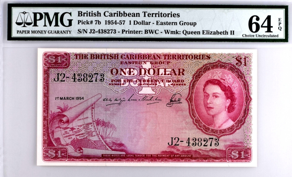【收藏联盟】第118期拍卖——英伦三岛 【稀少b版】东加勒比1954-57年1元 PMG64EPQ 大冠女王 BWC 非C版