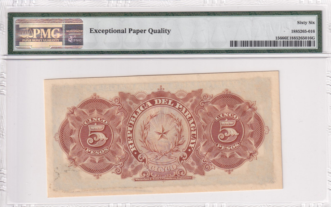 【收藏联盟】第118期拍卖——英伦三岛 巴拉圭 1907年 5比索PMG66EPQ 