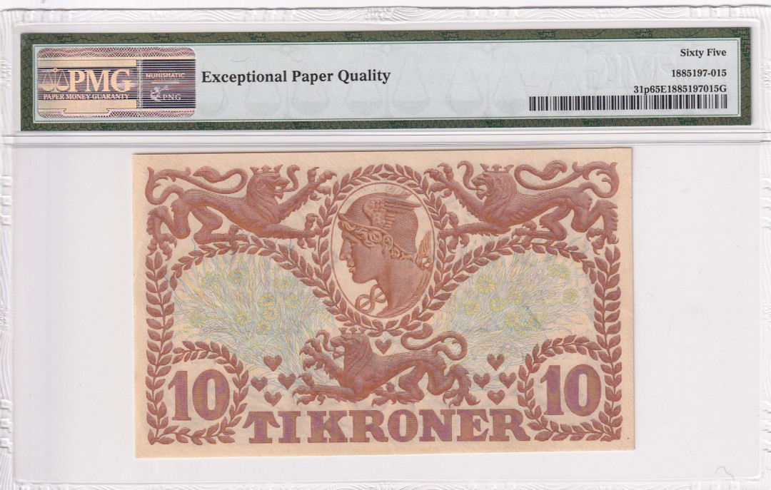 【收藏联盟】第118期拍卖——英伦三岛 丹麦1943年 10克朗 PMG65EPQ 较少见 背面墨丘利 雄狮