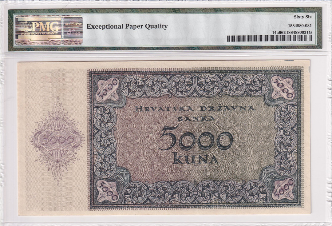 【收藏联盟】第118期拍卖——英伦三岛 克罗地亚 1953年 5000库纳 PMG66EPQ 大票幅 