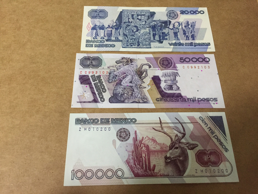 【收藏联盟】第118期拍卖——英伦三岛 【一组3张】1981-1988年 墨西哥 20000-50000-100000比索 全新UNC 