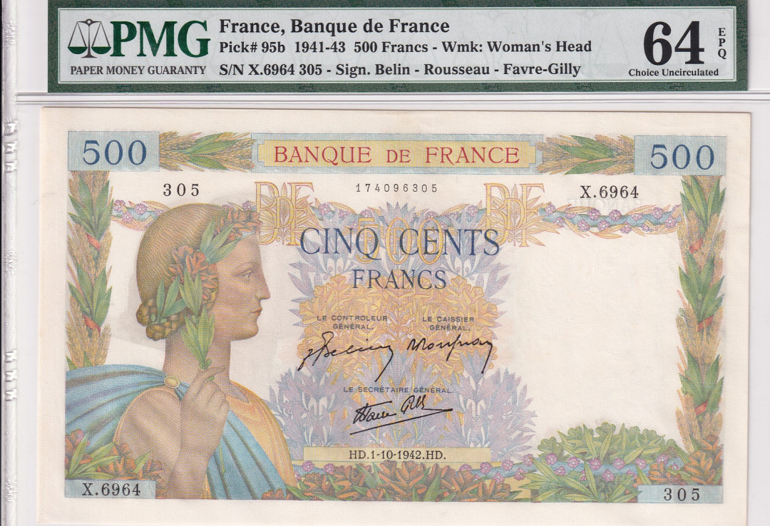 【收藏联盟】第118期拍卖——英伦三岛 法国 1941-43年 500法郎 PMG64EPQ 性价比 原票 