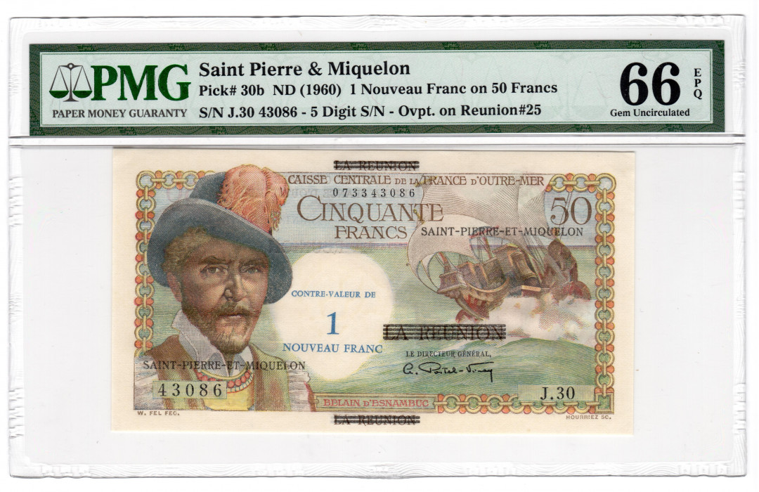 【收藏联盟】第118期拍卖——英伦三岛 圣皮埃尔和密克隆1960年 50法郎 PMG66EPQ 绝品 经典白奶球