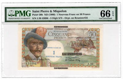 【收藏联盟】第118期拍卖——英伦三岛 - 圣皮埃尔和密克隆1960年 50法郎 PMG66EPQ 绝品 经典白奶球
