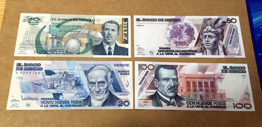 【收藏联盟】第118期拍卖——英伦三岛 【一组4张&首发全同号004100】墨西哥1992年 10-20-50-100比索）全套 全新UNC（100比索有个角有轻微软折）