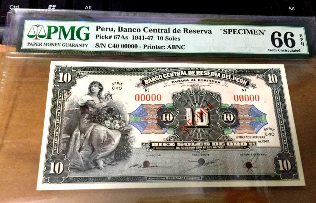 【收藏联盟】第118期拍卖——英伦三岛 【冠军分】秘鲁 1941-47年10索尔P67As  PMG66EPQ  雕刻精美 女神 美钞公司出品 非常稀少 仅4个评级记录
