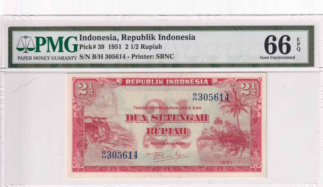 【收藏联盟】第118期拍卖——英伦三岛 印度尼西亚 1951年 2 1/2卢比 PMG66EPQ 