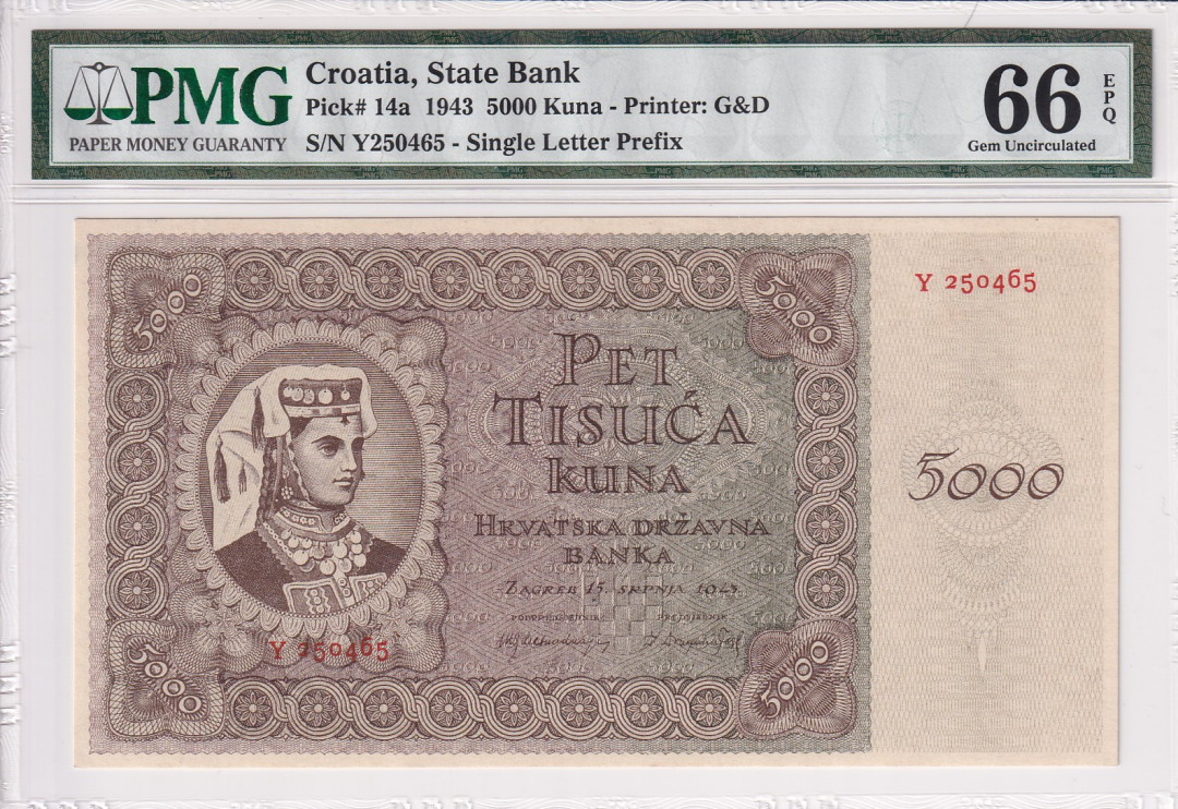 【收藏联盟】第118期拍卖——英伦三岛 克罗地亚 1953年 5000库纳 PMG66EPQ 大票幅 