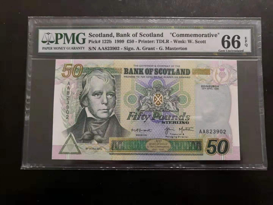 【收藏联盟】第118期拍卖——英伦三岛 苏格兰 1999年 50镑 PMG66EPQ AA冠 《苏格兰银行300周年》纪念钞